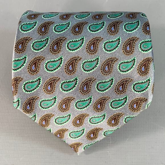 ERMENEGILDO ZEGNA Grey Green Paisley Silk Tie